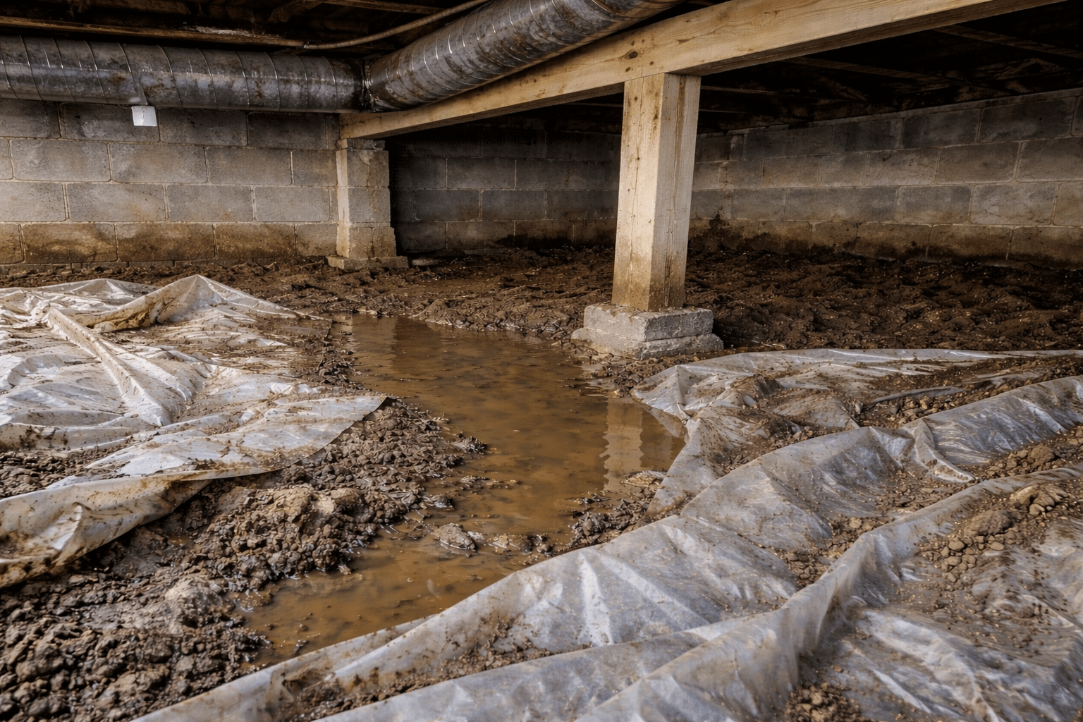 Moisture buildup and damp soil inside a residential crawlspace beneath a home