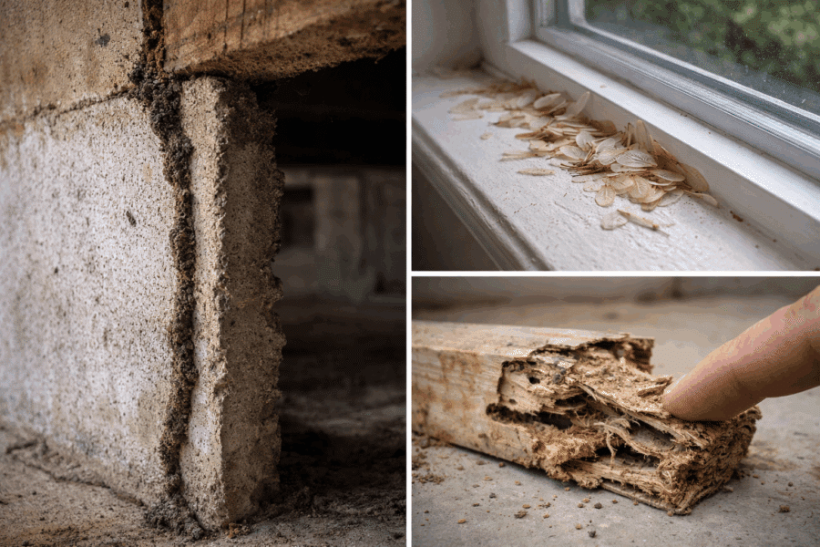 Close up of mud tube on foundation, discarded termite wings on windowsill, and hollow wood damage