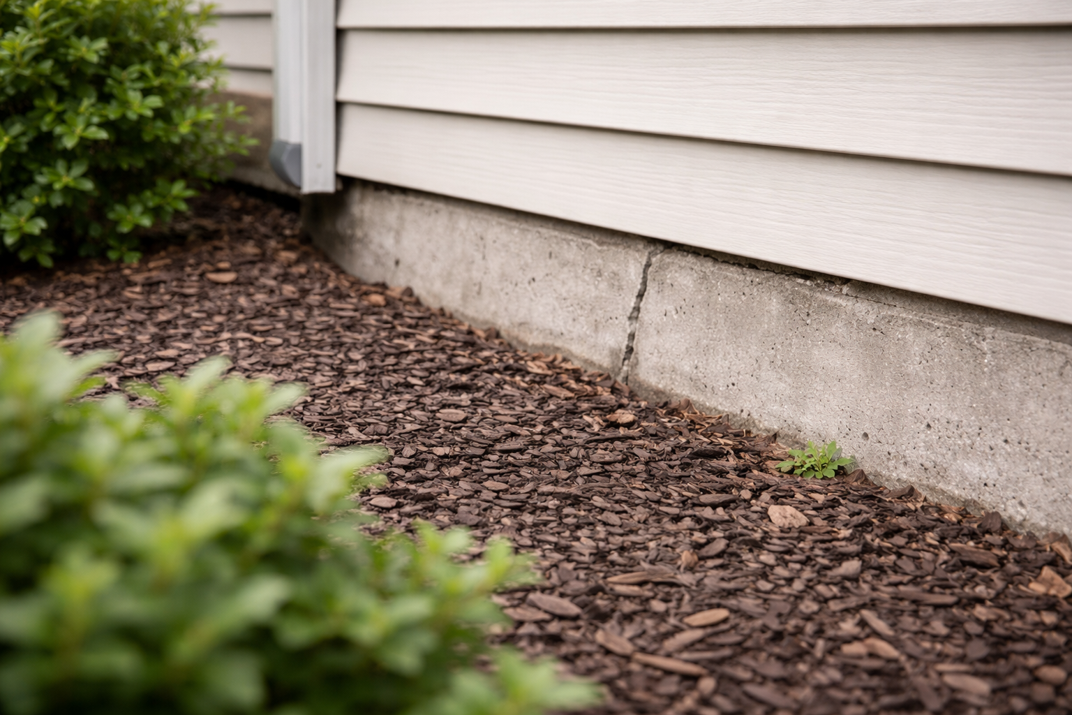 Close view of home foundation with soil contact and small gaps where termites may enter in Maryland