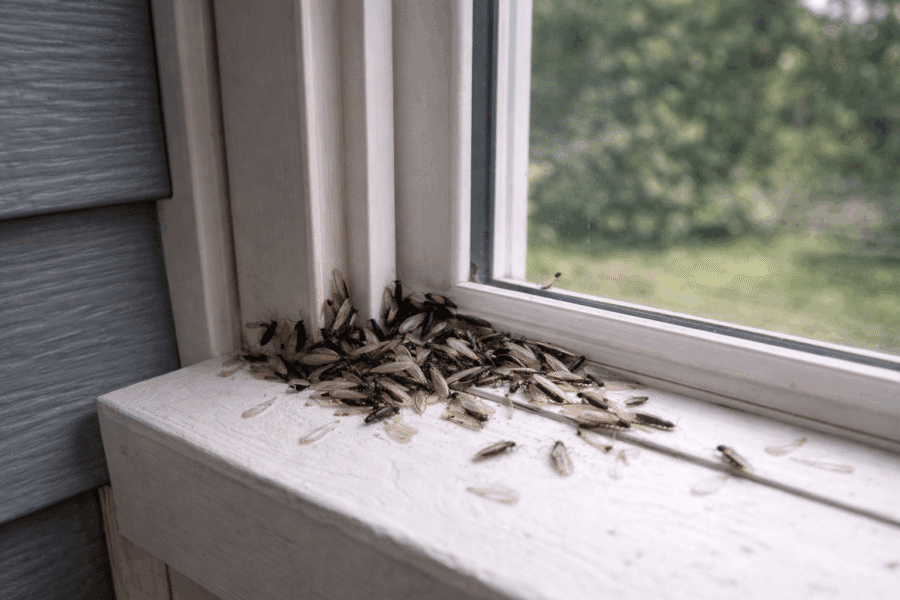 Termite swarmers gathered near a window during spring in a Maryland home