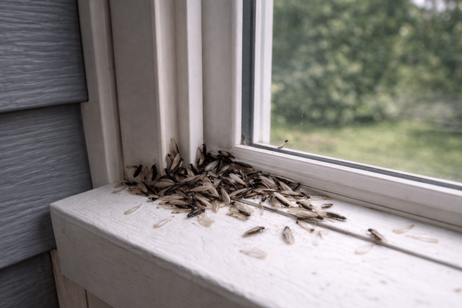 Termite swarmers gathered near a window during spring in a Maryland home