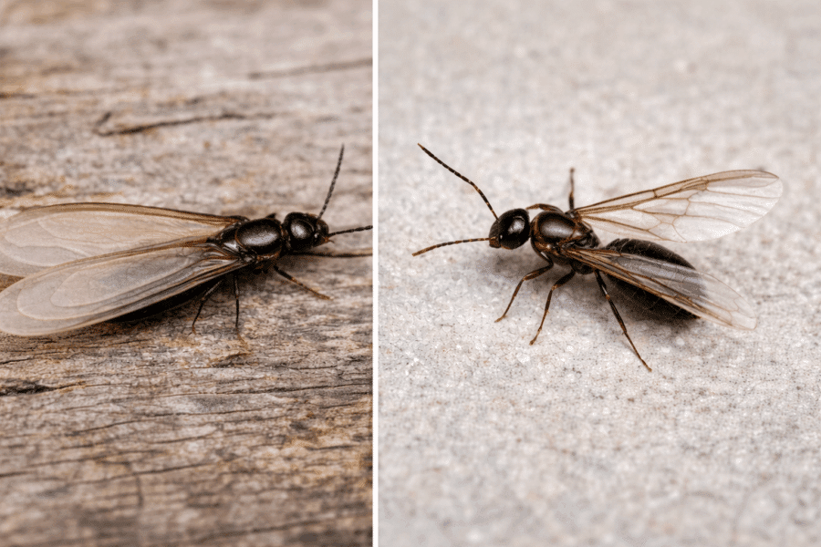 Side by side comparison of termite swarmer and flying ant showing differences in wings and body structure