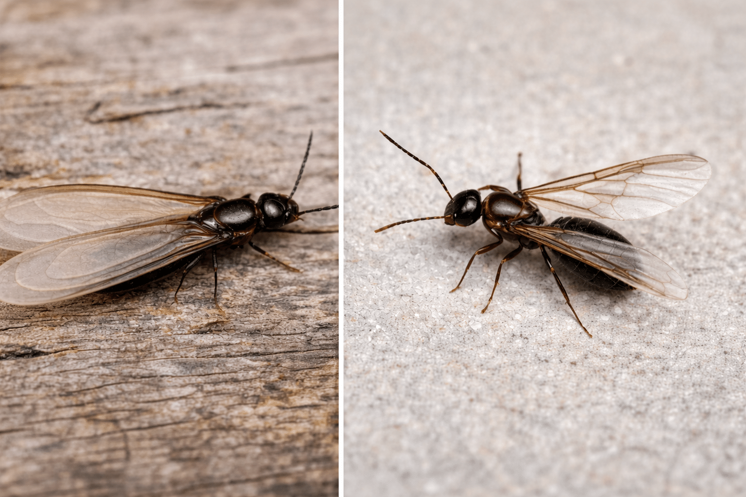 Side by side comparison of termite swarmer and flying ant showing differences in wings and body structure