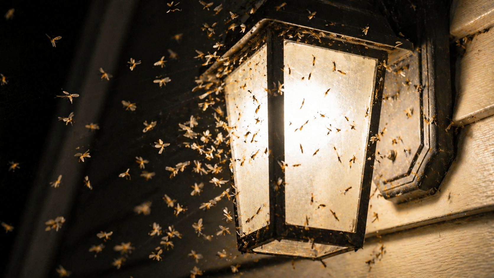 Termite swarmers gathering around an exterior light fixture during spring swarming season