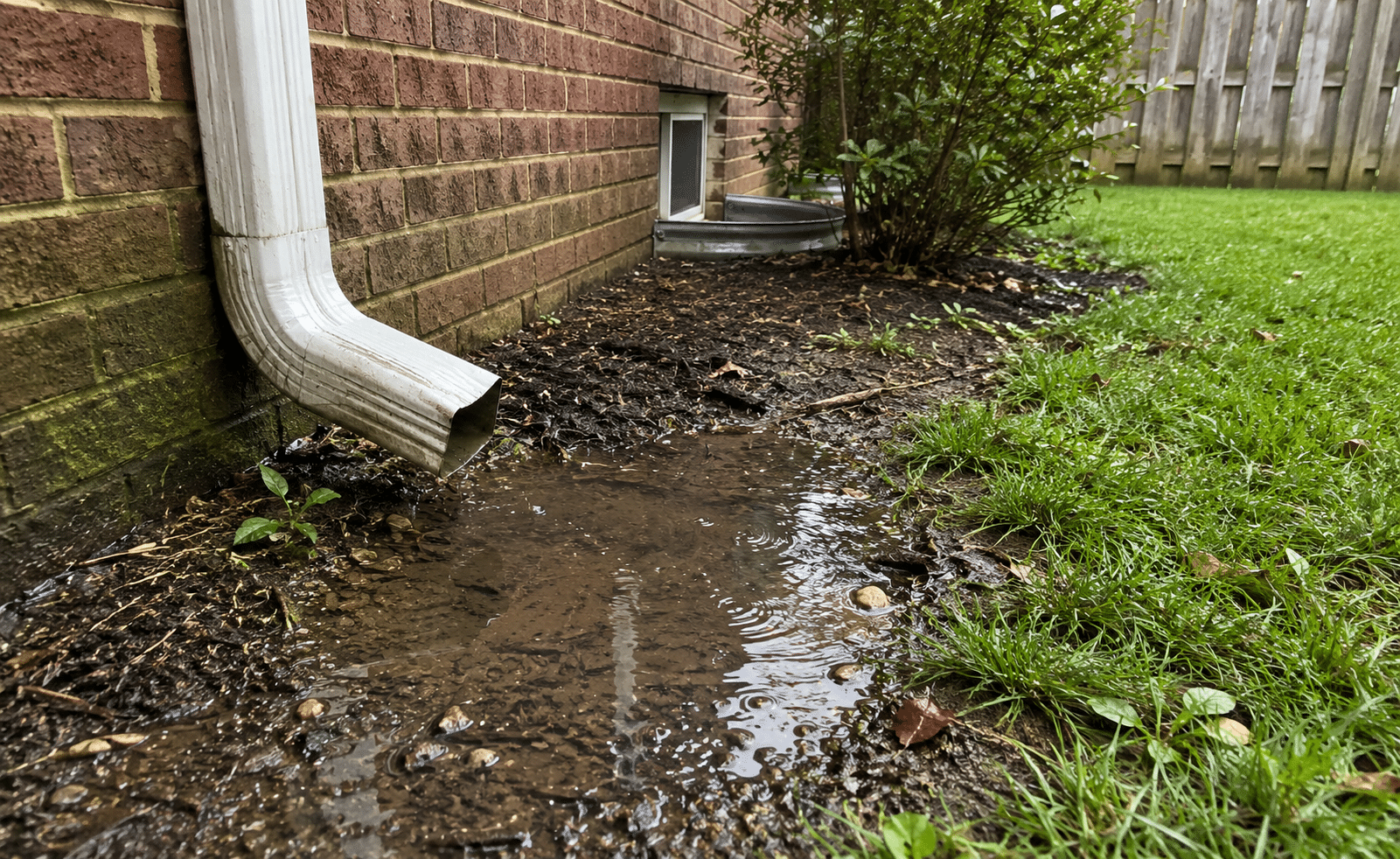 Downspout discharging water into pooled area near foundation creating moisture conditions that attract pests