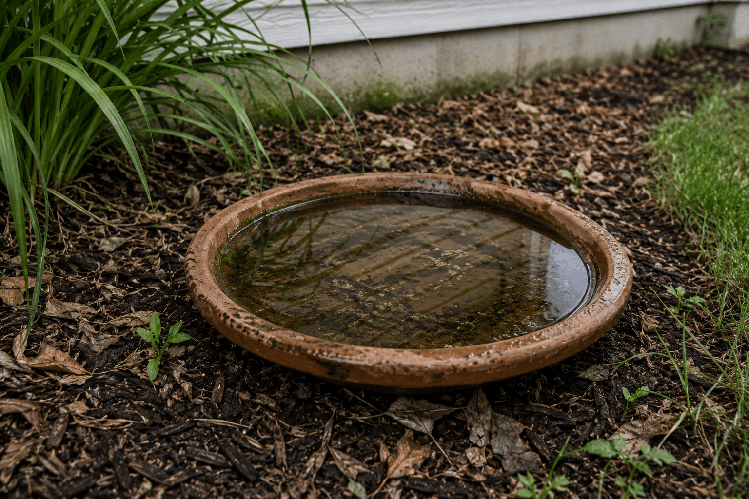 Shallow standing water in backyard container creating mosquito breeding conditions near the home