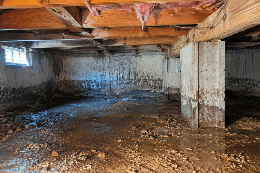 Damp residential crawlspace with visible moisture conditions and wet soil beneath wood framing