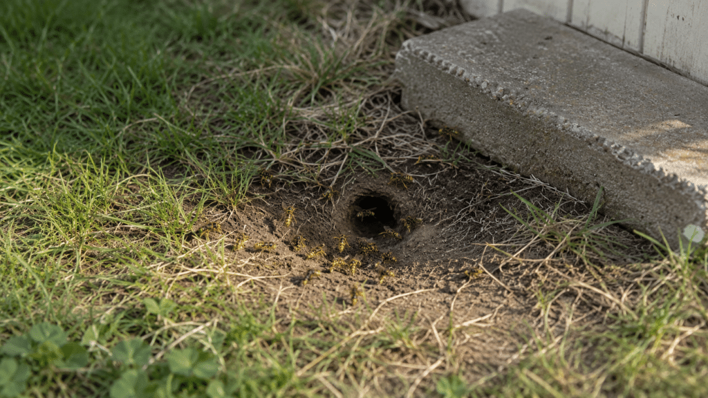 Yellow jacket ground nest entrance beside a residential patio in a suburban backyard
