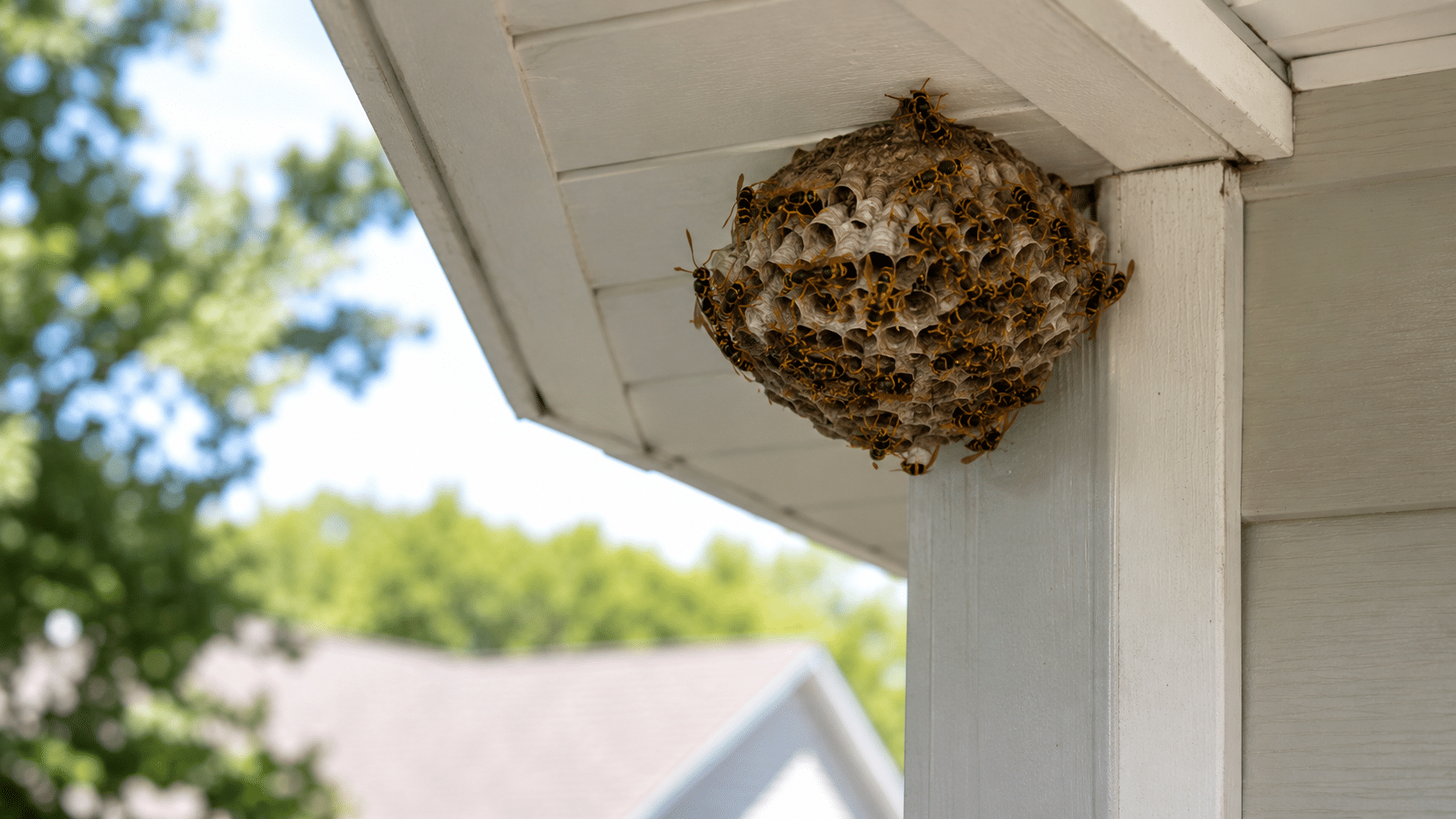 Paper wasp nest attached beneath a home's roof eave during midsummer