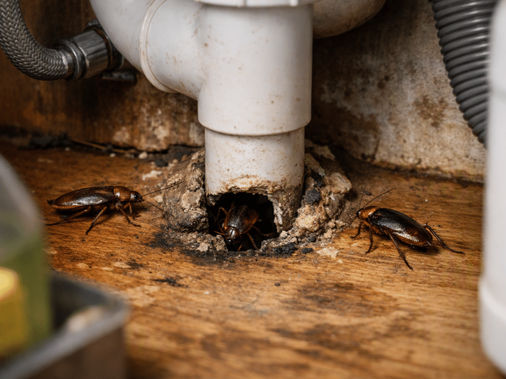 Cockroaches entering through a gap around plumbing pipes under a kitchen sink with visible water damage on the cabinet floor