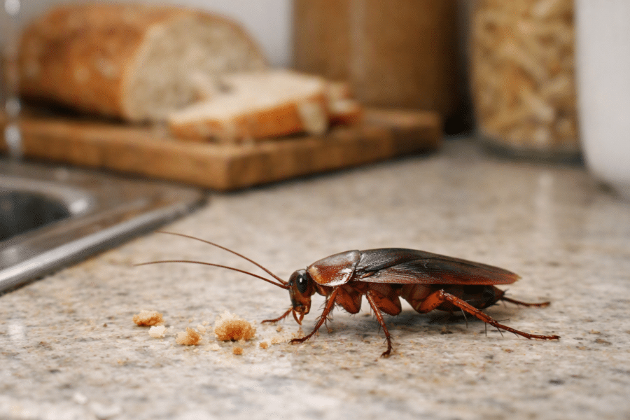 German cockroach crawling near crumbs on a kitchen countertop beside a stainless steel sink with water droplets