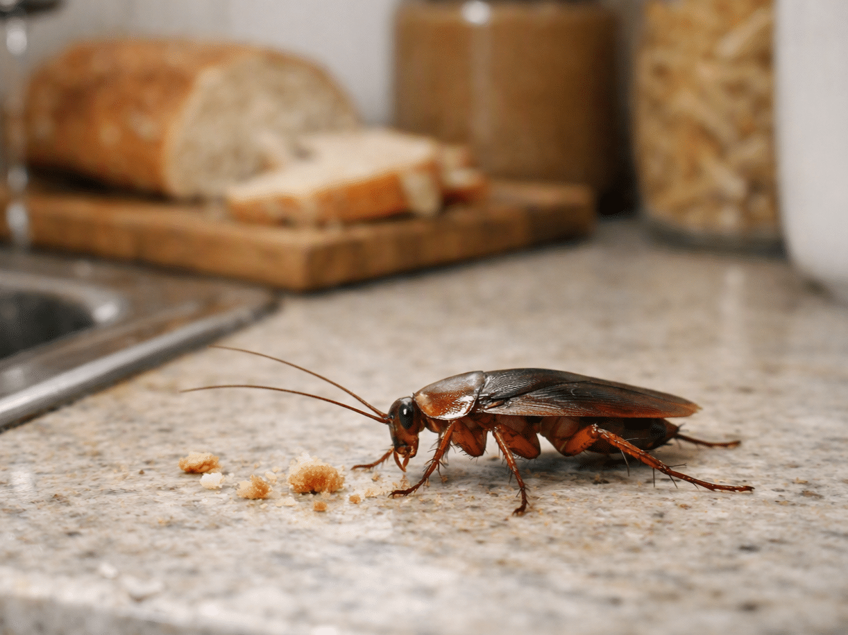German cockroach crawling near crumbs on a kitchen countertop beside a stainless steel sink with water droplets