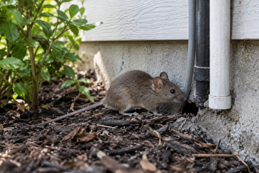 Mouse near a small exterior foundation opening beneath home siding.