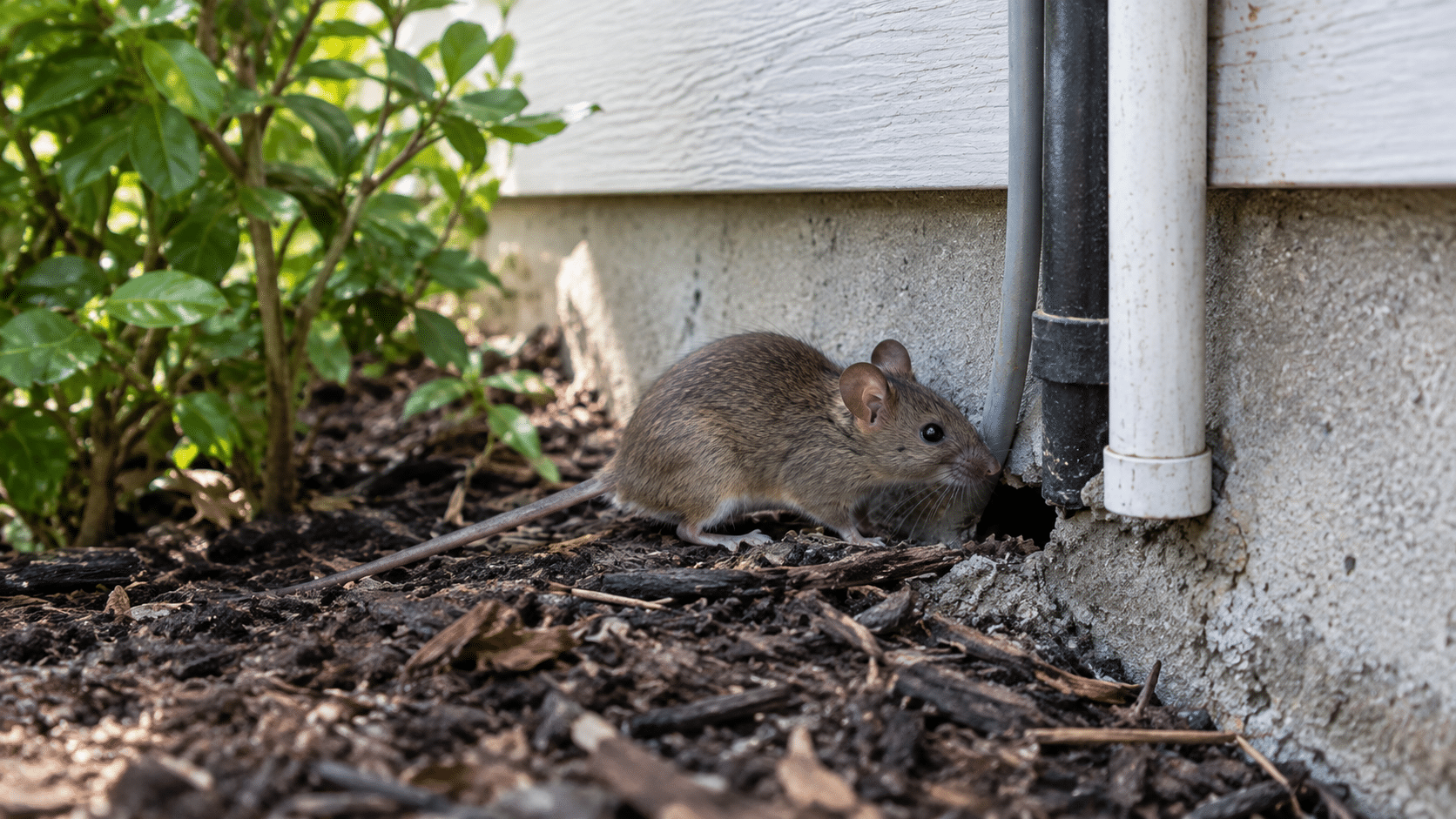 Mouse near a small exterior foundation opening beneath home siding.